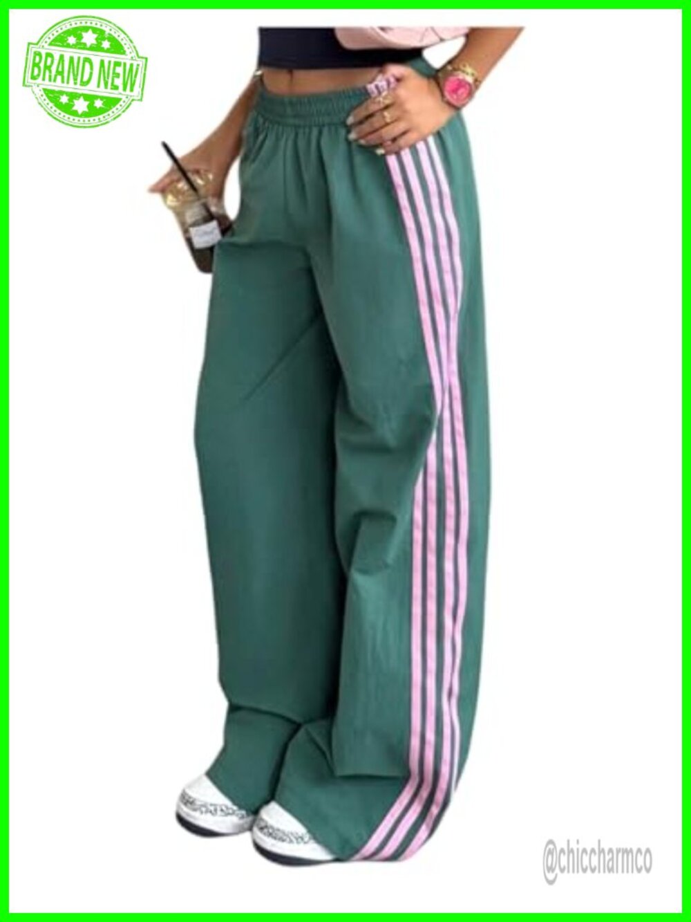 Women's Low Rise Wide Leg Side Striped Track Pants Drawstring Sweatpants